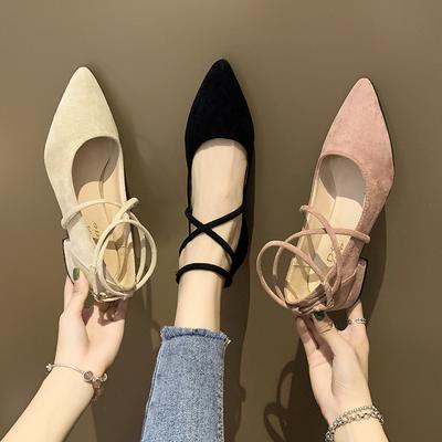 Fashion 2024 Spring and Autumn Women's Shoes Black Ankle Strap Flats Ankle Low Heel Women's Shoes Pointed Toe Lace Up Flats