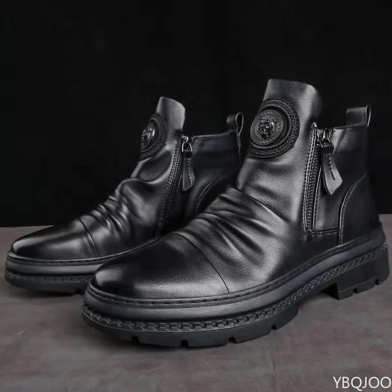 New Spring Luxury Minimalist Men Ankle Boots Fashionable Versatile High Top Shoes Zipper Retro Comfortable Men'S Boots