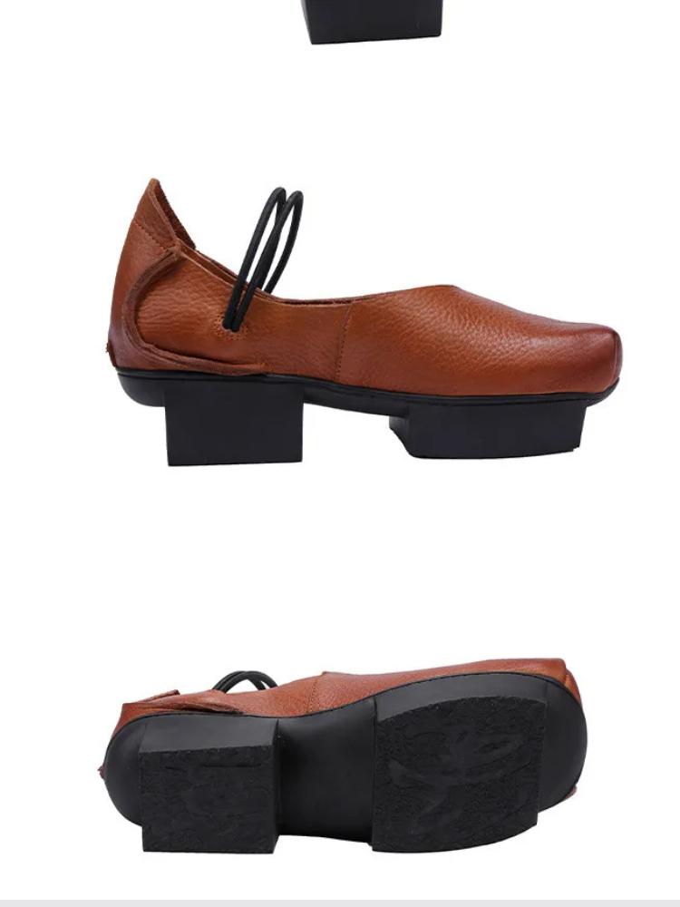 Johnature Vintage ekte kuskinn firkantet tå damesko Allsidig ekte skinn pumper med mellomhæl