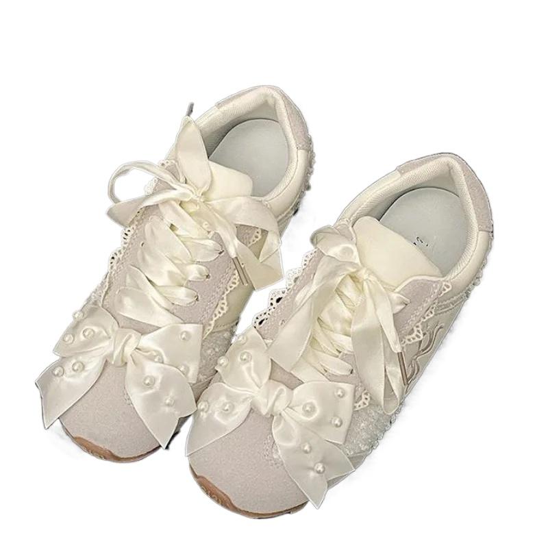 Fashion Hot Selling Thick-Soled 2025 Pearl Beaded Sweet Heart Casual Sports Shoes Women's Bowknot Ballet Flats Women Zapatillas De Mujer