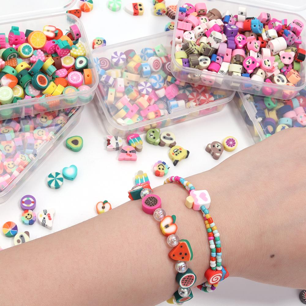 100Pcs Polymer Clay Beads Set Colorful Flower Fruit Pattern Beads Kit For DIY Handcrafts Bracelet Phone Chain Making Supplies
