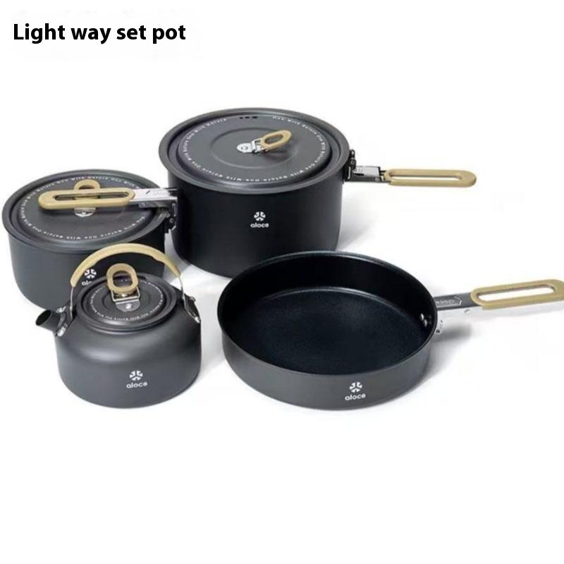 

ALOCS Набор из четырех предметов для кемпинга — тефлоновое антипригарное покрытие, вложенная конструкция, сертифицированные FDA инструменты для приготовления пищи дома на открытом воздухе 20.5*20.5*11.5cm чёрный
