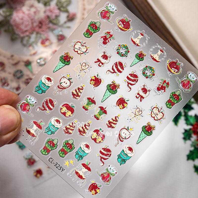 Festive Green Apple Christmas Tree Nail Stickers - DIY Childlike Fairy Design Firework Apple - 1 Sheet