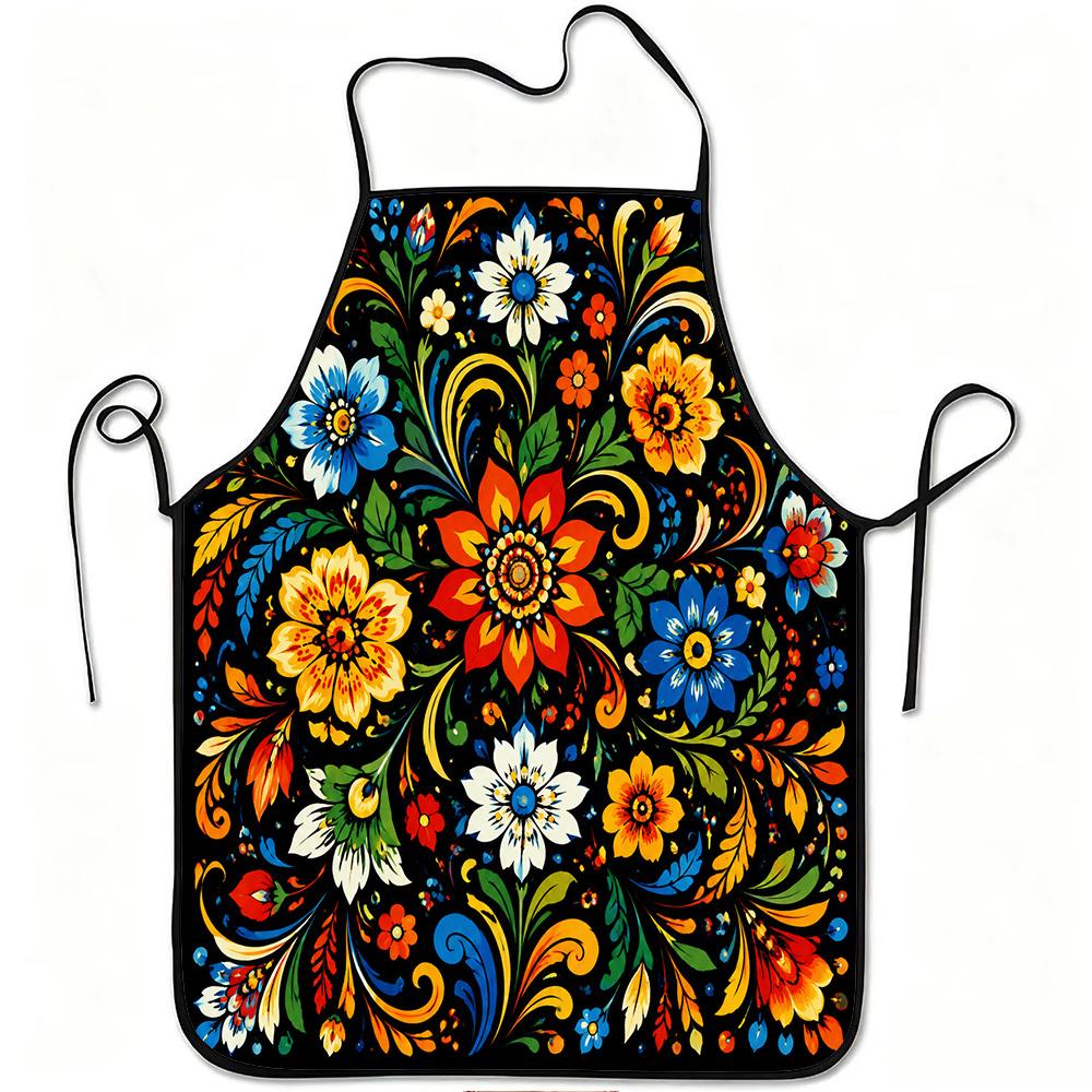 1pc Vibrant Floral Print Apron, Durable And Easy To Clean, Adjustable Waistband, Polyester Material, for Kitchen Cooking, Gardening, Orchard Picking,