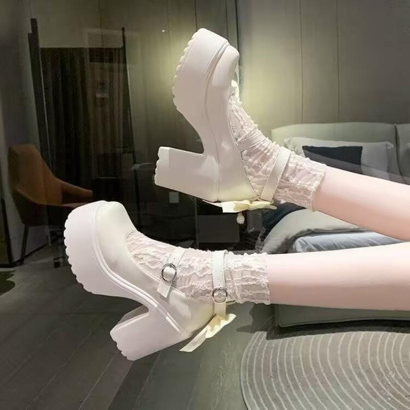 Fashion Chunky Platform High Heels Pumps Women 2025 Autumn Pu Leather Ankle Buckle  Jane Shoes  Thick Heeled White Lolita