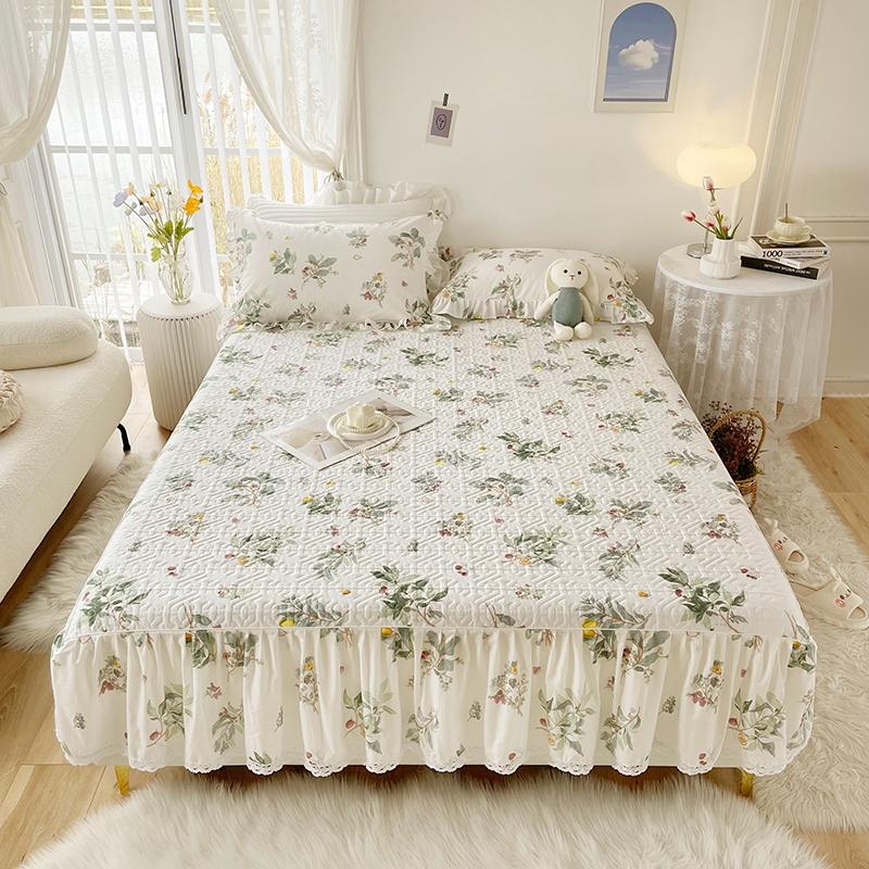 1pc Pure Cotton Thicken Quilted Mattress Cover with Skirt Queen/King Bed Sheet Skirt Elastic Band 200x220cm  (No Pillowcase)