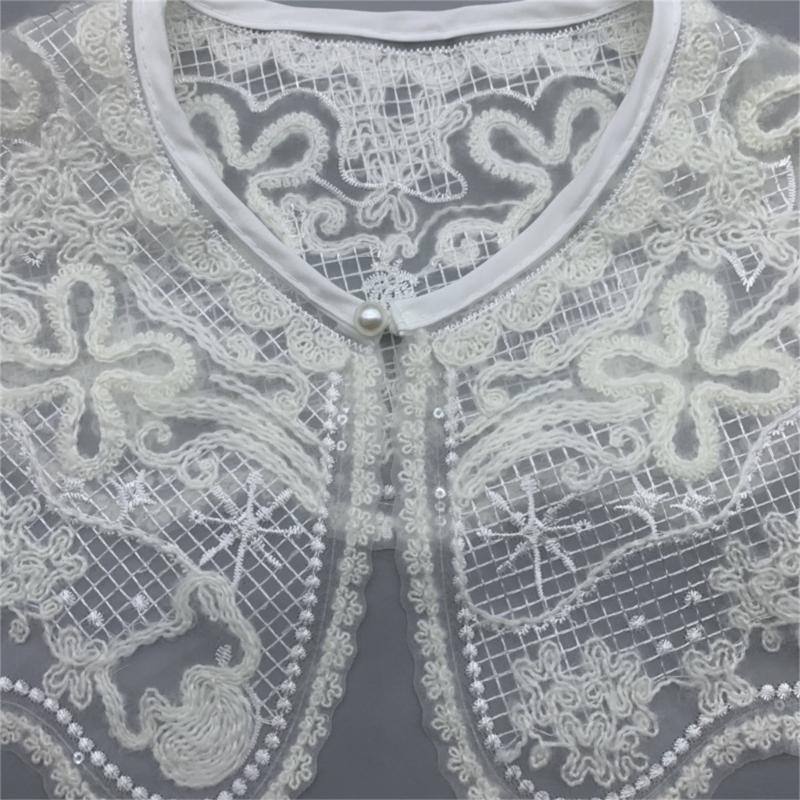 Fashion Detachable Fake Collar Faux Pearl Button Shawl Wrap Women Embroidery Floral Sequins Necklace Lightweight Capelet