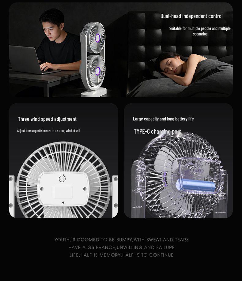 New Model 8-inch USB Rechargeable Double-headed Desktop Fan with Long Battery Life and 360° Rotation for Outdoor Camping