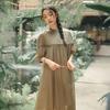 Johnature Women High Waist Casual Dresses Stand Nine Sleeve Solid Color Soft Cloth Summer Loose A-Line Dress