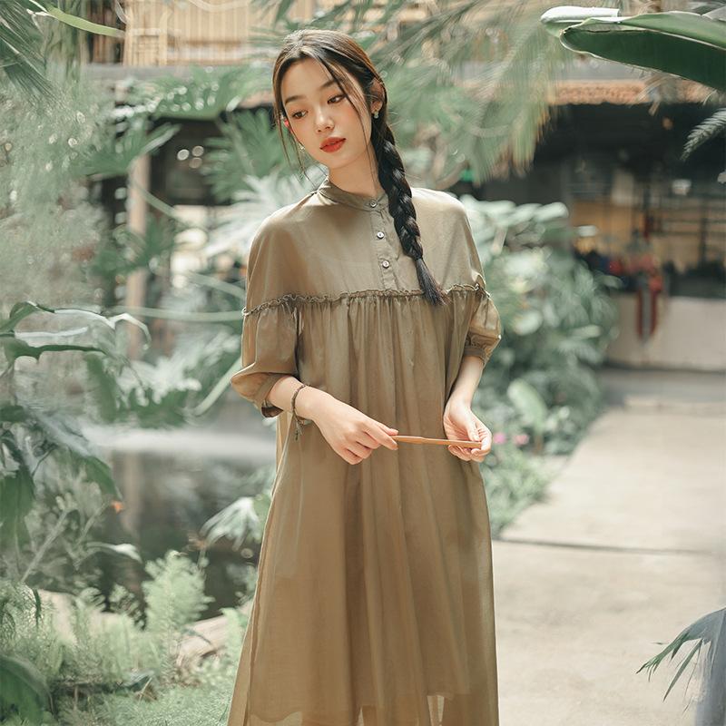 Johnature Women High Waist Casual Dresses Stand Nine Sleeve Solid Color Soft Cloth Summer Loose A-Line Dress