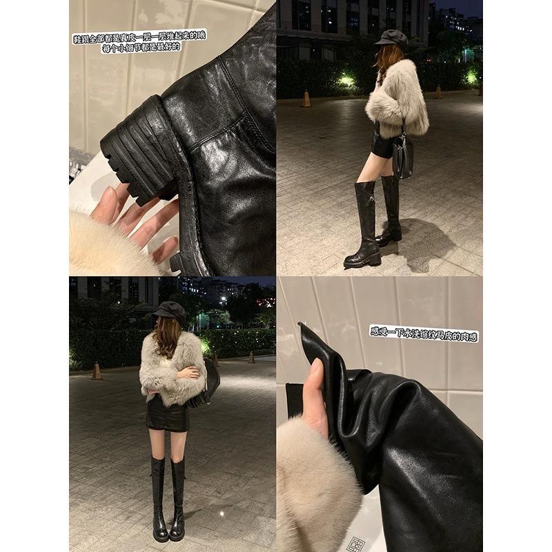 Washed cowhide leather long knight boots, women's thick heels, high tops, skinny boots, over the knee boots, long boots