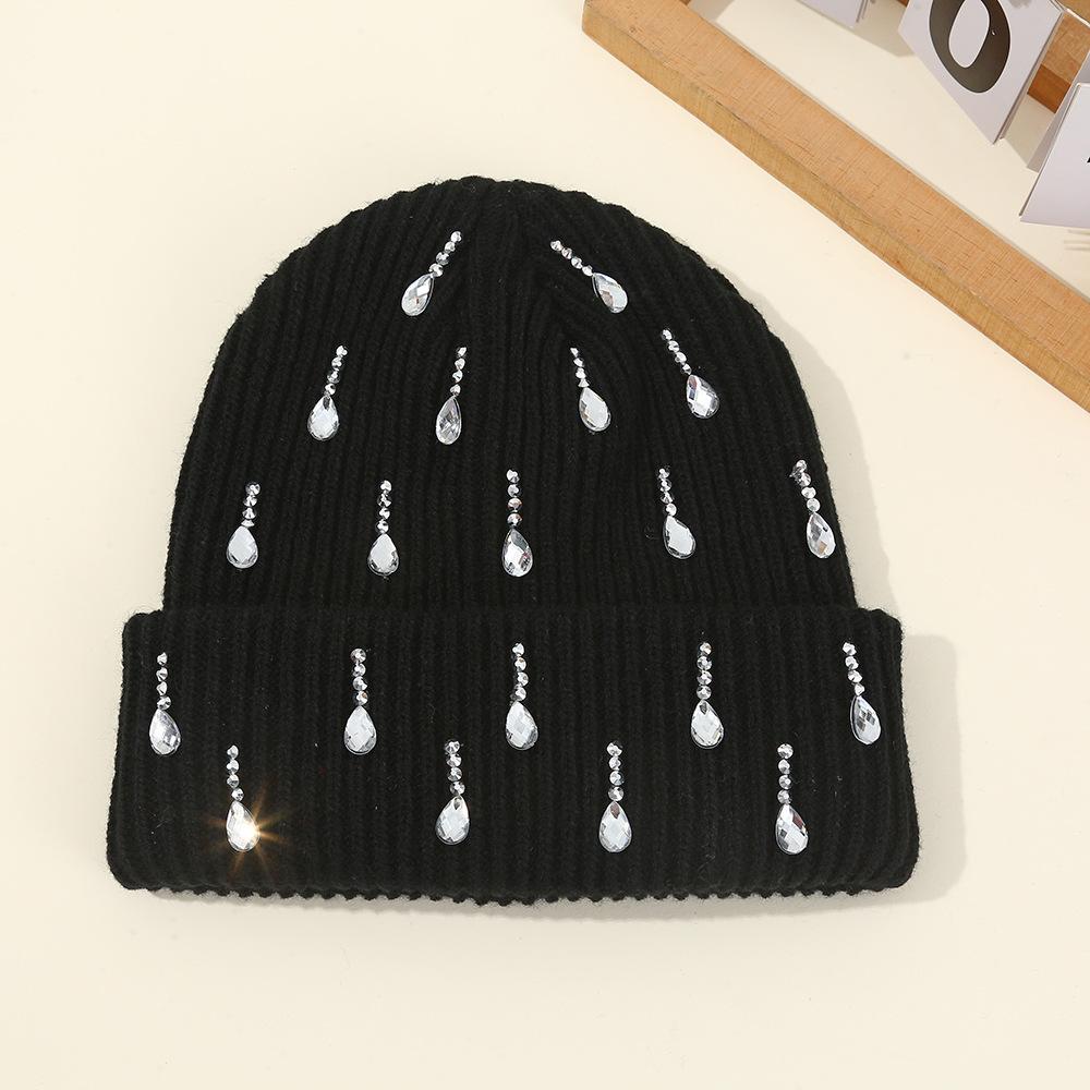 New European and American Pearl Flash Diamond Knitted Hat Double-layer Outdoor Warm Personalized Street Wool Hat Wholesale
