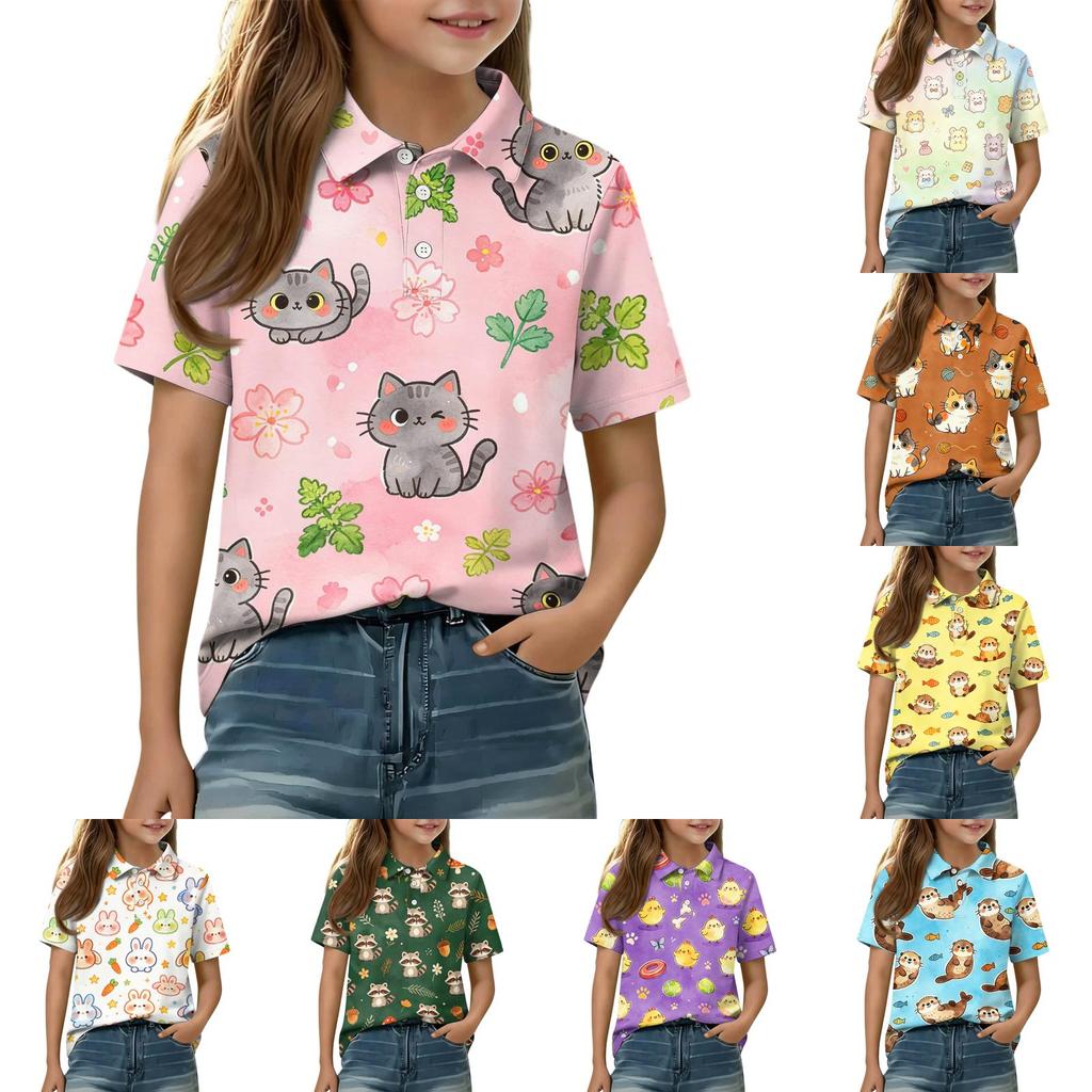 Kids Short Sleeve Polo Shirt Animal Print Casual Top Button Down Collar Lightweight Summer Tee for Boys Girls