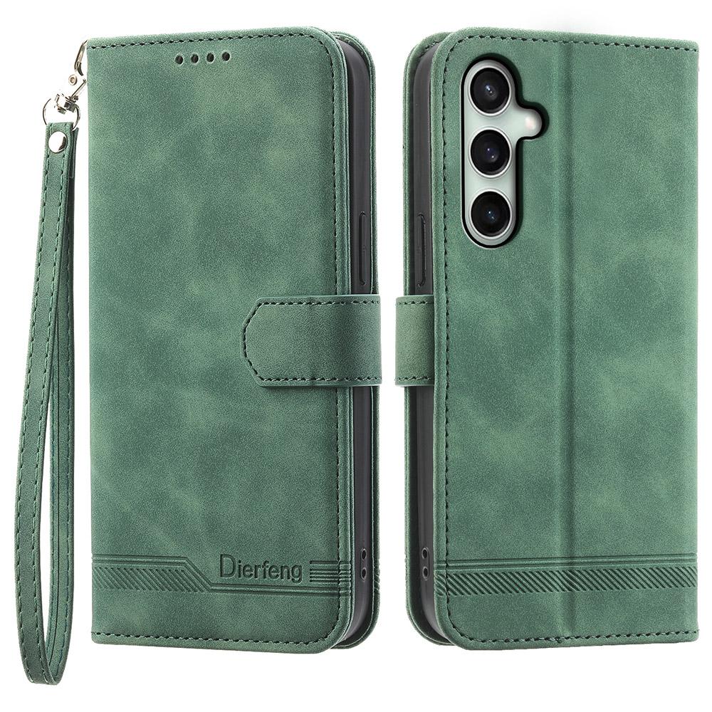 DIERFENG DF-03 For Samsung Galaxy S25 FE Case Lines Imprint Wallet Leather Phone Cover with Wrist Strap