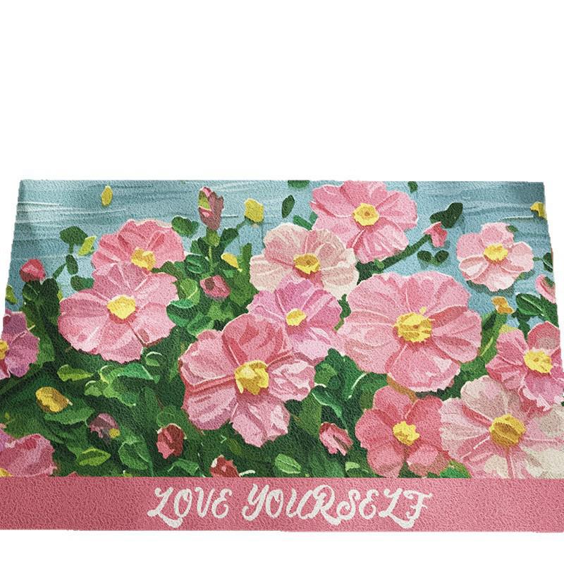 Oil Painting Style Floral Anti-Slip Floor Mat - Wear-Resistant, Easy to Clean, Irregular Shape, Cuttable