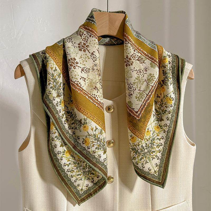 Premium silk wool square scarf women's retro versatile small silk scarf spring autumn and winter decoration neck protection warm scarf shawl