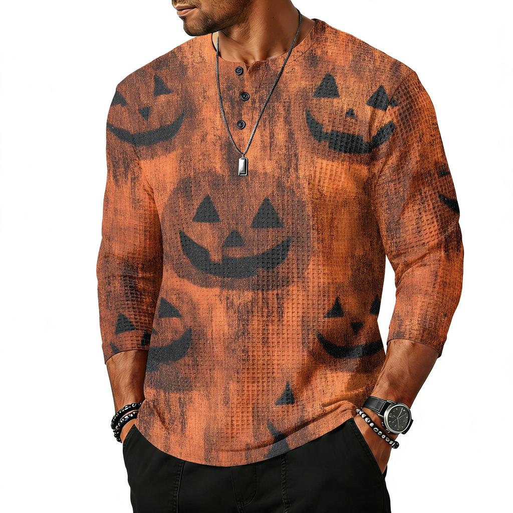 Men's Casual Halloween Printed Crew Neck Shoulder Three Quarter Sleeve Top with Button and Bat Pattern
