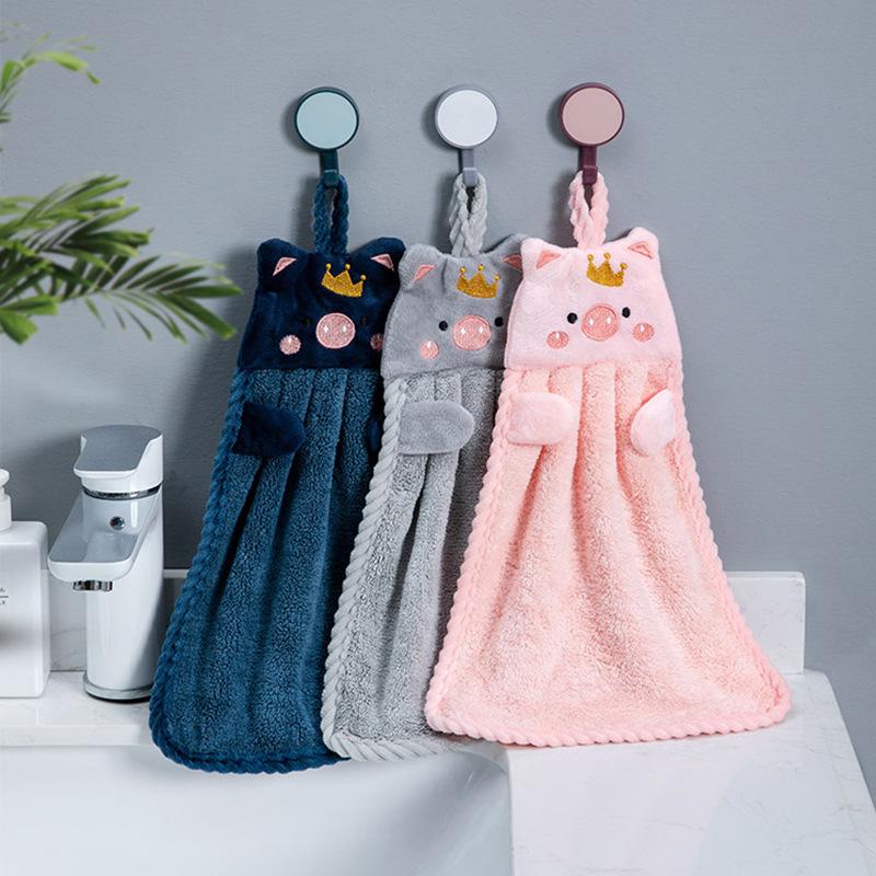 Cute Pig Embroidered Hanging Hand Towel, Absorbent Coral Fleece Kitchen Towel, Dish Cloth