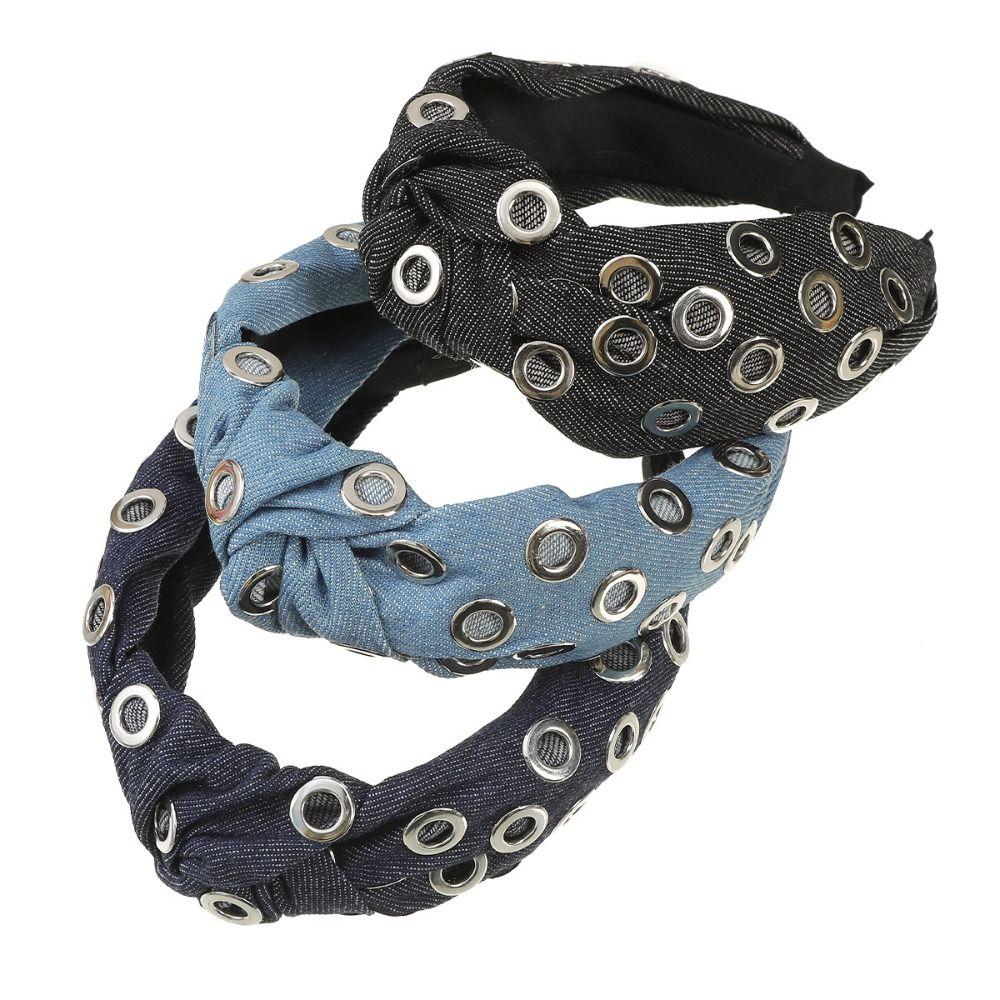 Y2K Denim Headband Wide Hollowed Out Eyelets Headband Hair Accessories Punk Hairband  Party