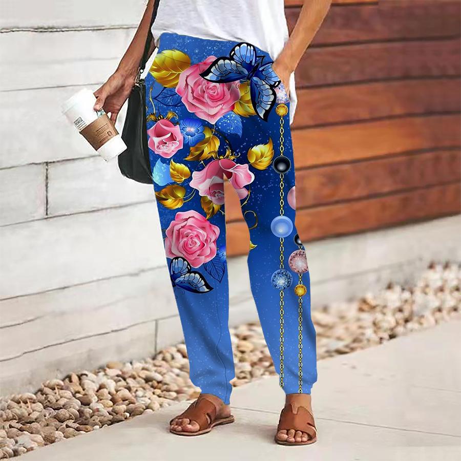 Women Flower Printing Pants Lace Up Elastic Waist Loose  Trousers Casual Long Pants Trousers with Pockets
