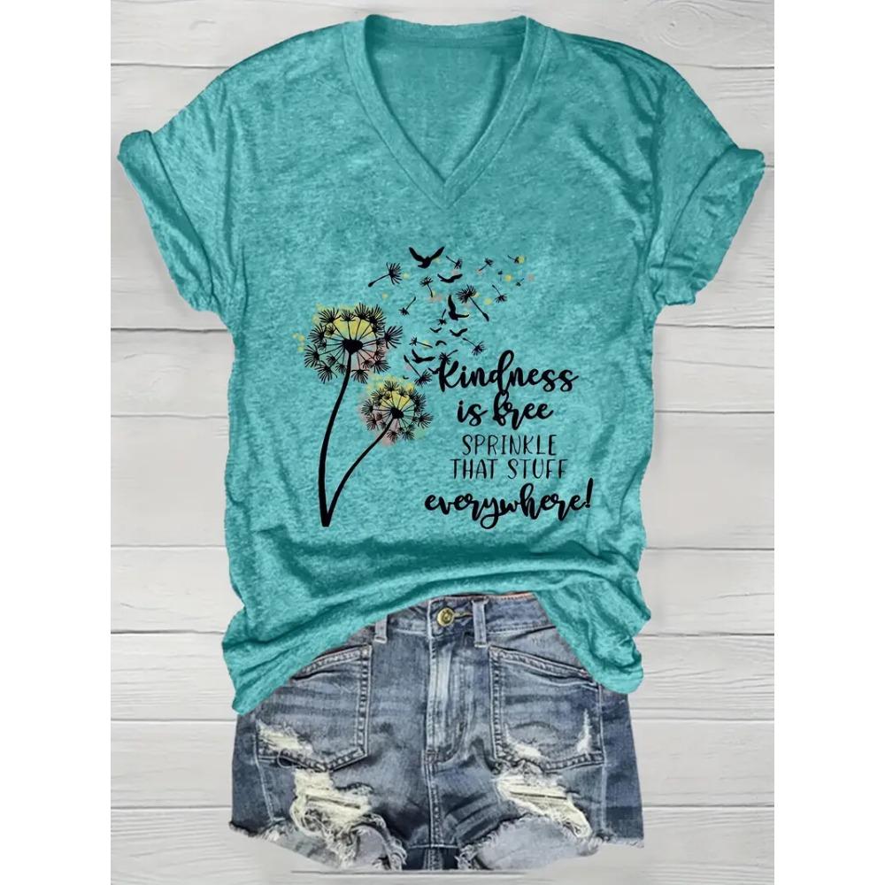 Summer Outdoor Women's T-Shirt Casual V-Neck Short Sleeve Tops Floral Butterfly Print Street Fashion Female Oversize Clothing