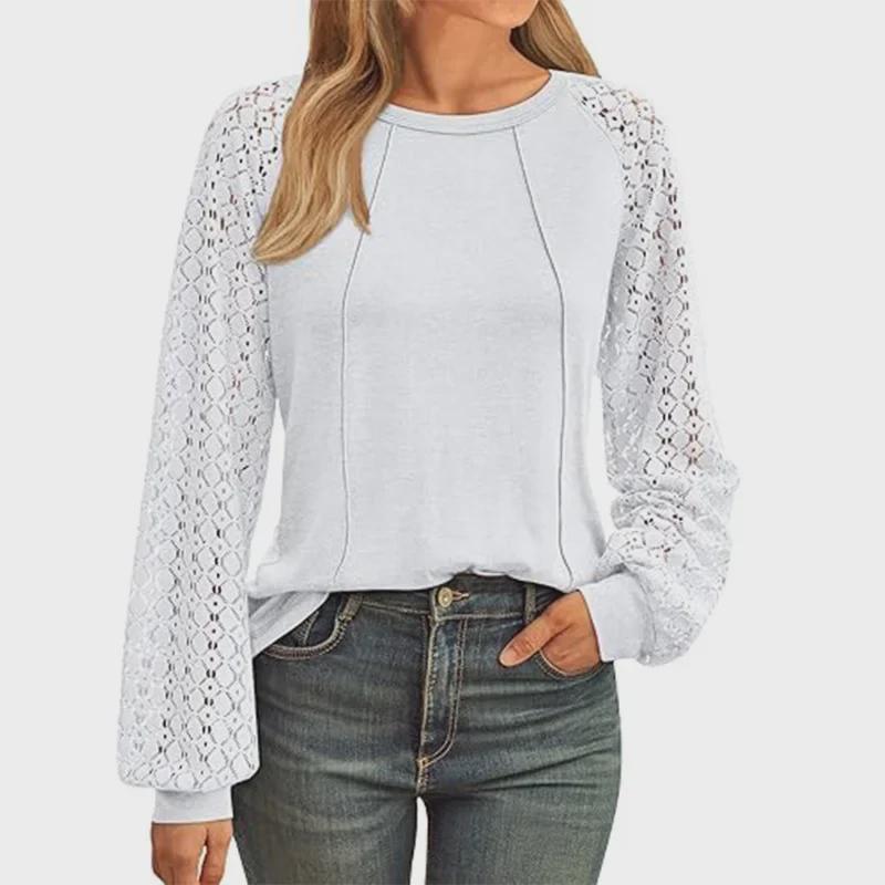 2025 Spring/Fall Women's Lace Stitching Round Neck Long-Sleeve T-Shirt