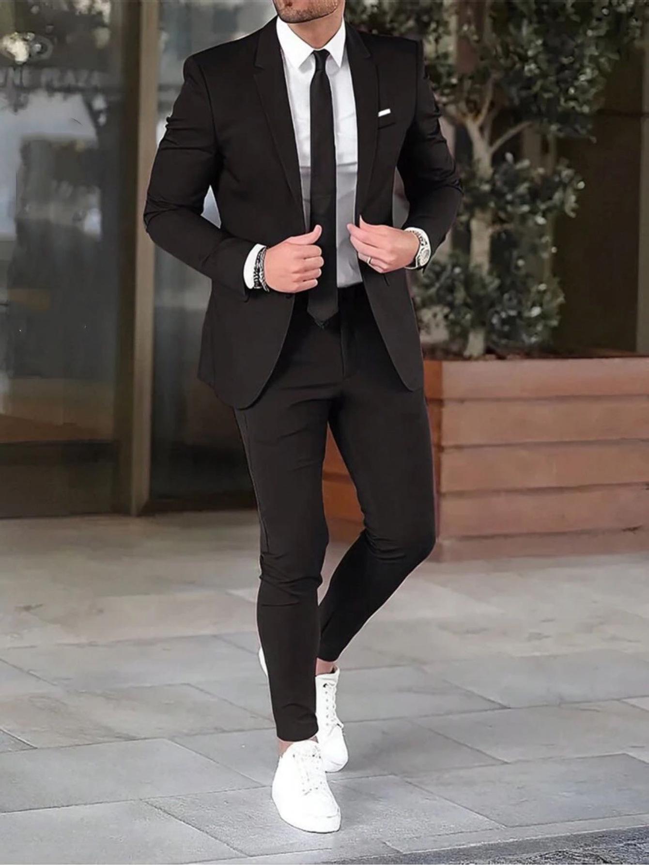Herren Slim Fit Zweiteiliges Unifarbenes Anzugset - Sakko und Hose für Formelle Anlässe 3XL schwarz