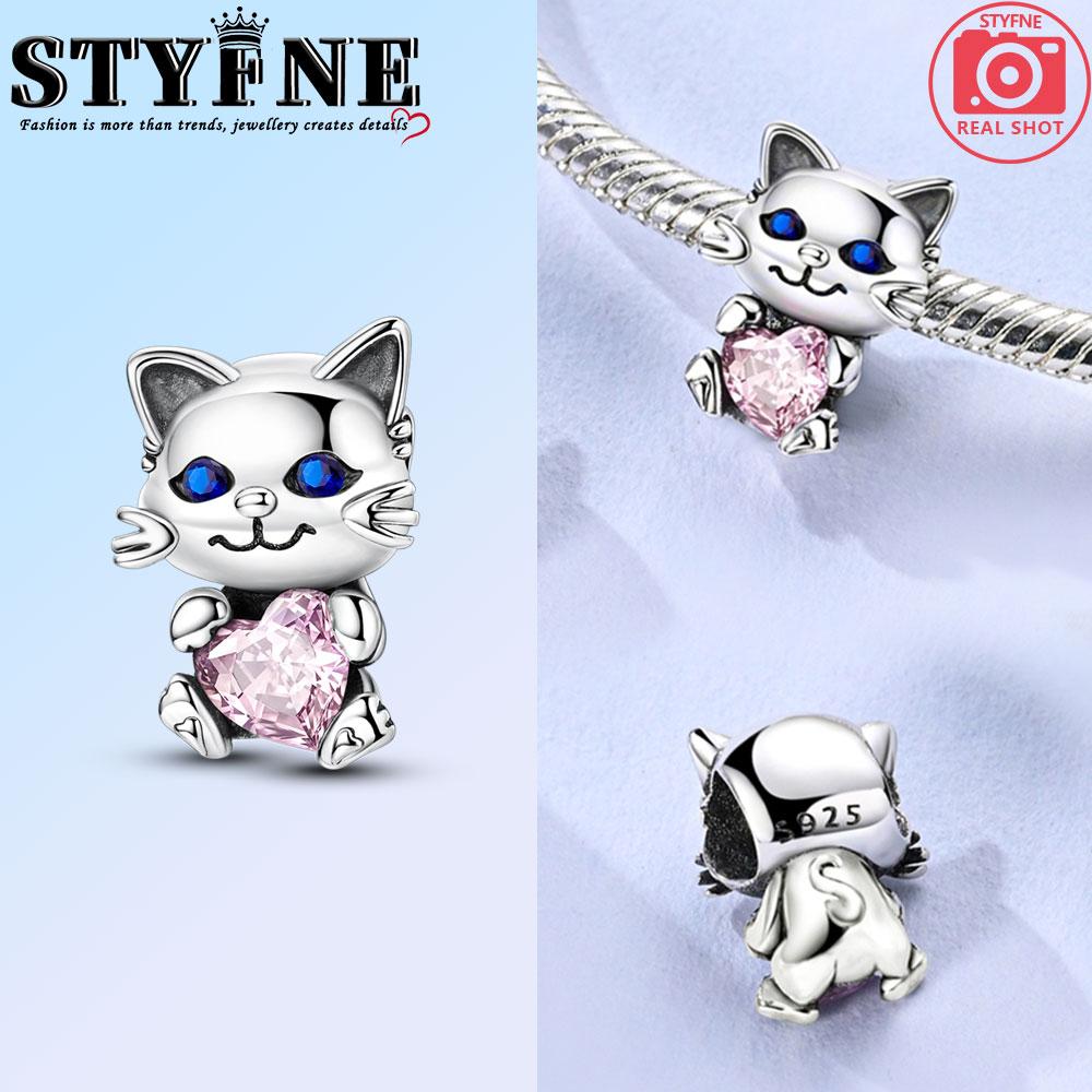 Charms Copper Original Cat Holding Pink Heart Beads Suitable Bracelet Diy Women'S Jewelry Making