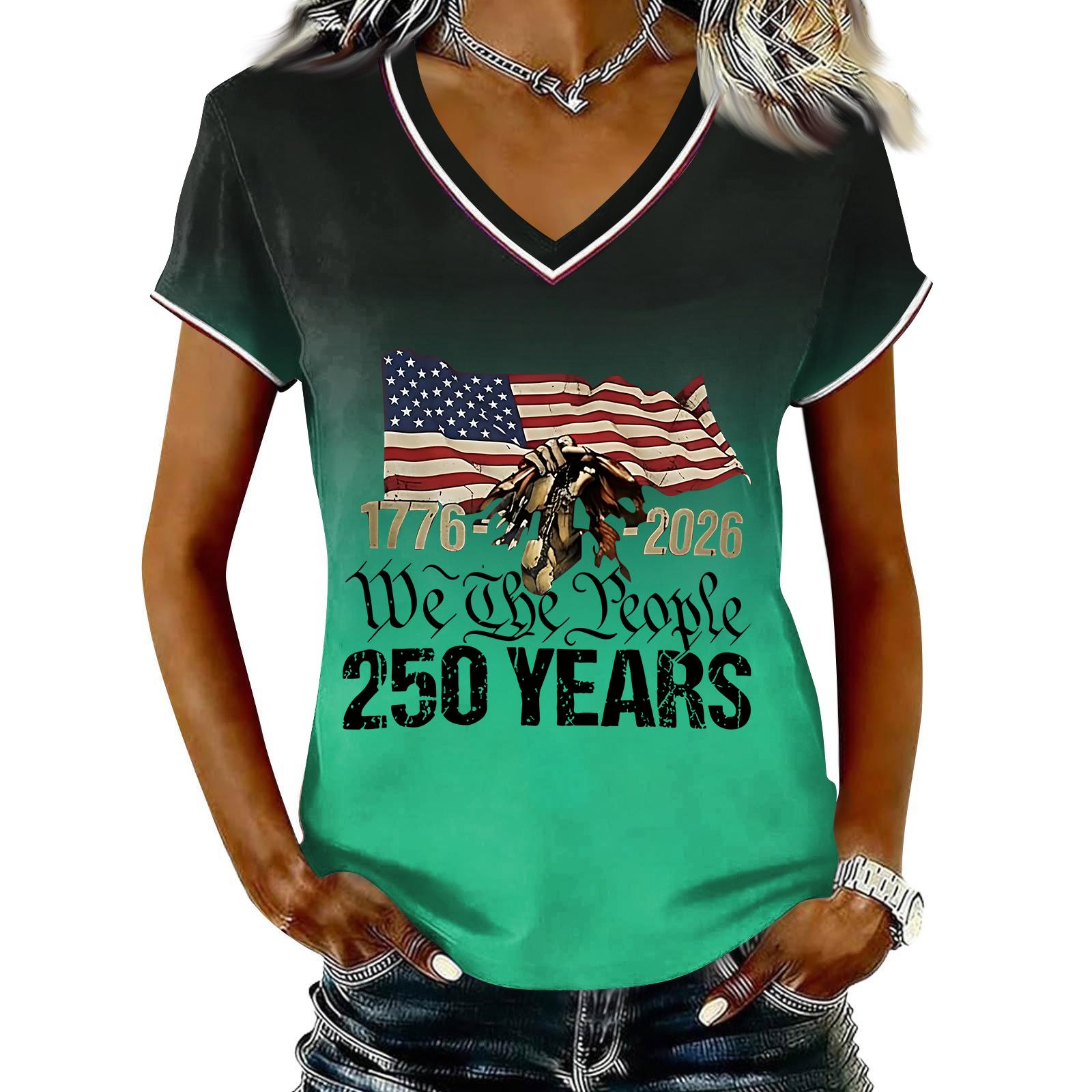 

Women s Casual V Neck Short Sleeve Pullover T Shirt Gradient Print Independent Day Graphic Top Comfortable Fit M