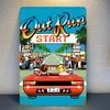 Turbocharge Your Retro OUT RUN Vintage Aluminum Sign  Embossed Metal Art with Coastal Sunset  Gear Graphics