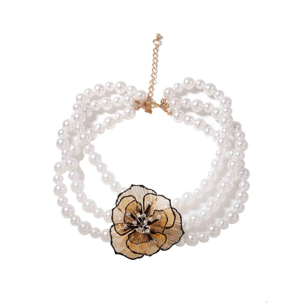 Elegant Geometric Lines Necklace Vintage Floral Pearls Ear Studs Hollow Flowers Jewelry Set  Party