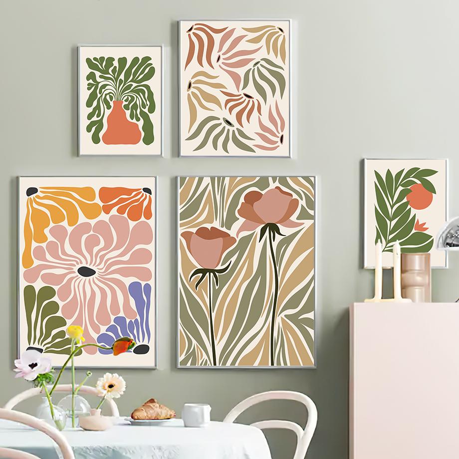 Абстрактний Квітковий Ринок Троянда Ромашка Ваза Листок Настінне Мистецтво Картина на Полотні Вінтажні Плакати та Принти Картинки Вітальня Домашній Декор