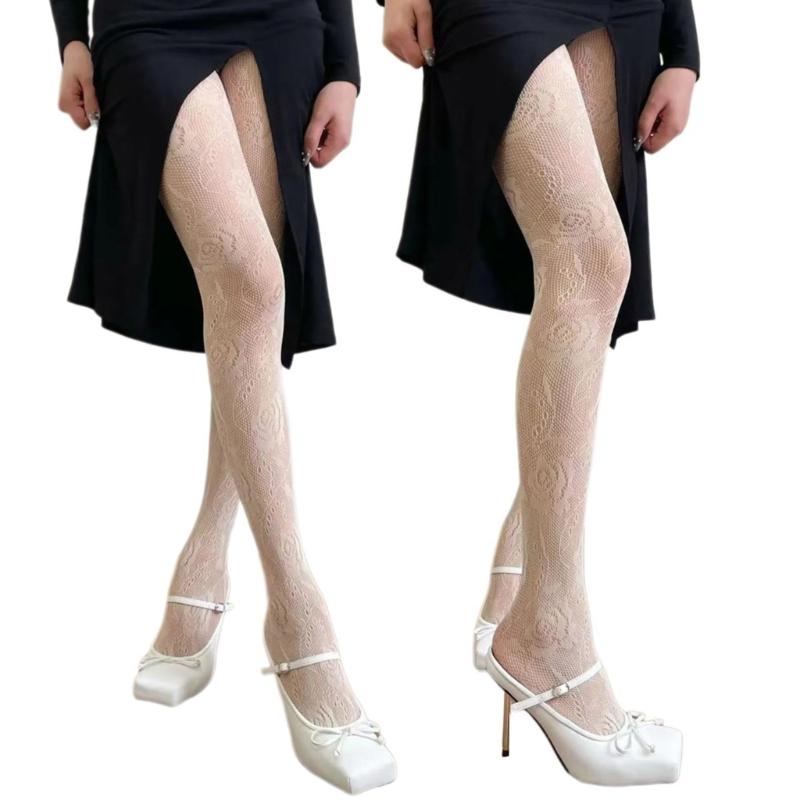 Women Chinese Style Sexy Hollowed Sheer Fishnet Pantyhose Rose Flower Jacquard Patterned Vintage Leggings Mesh Tights