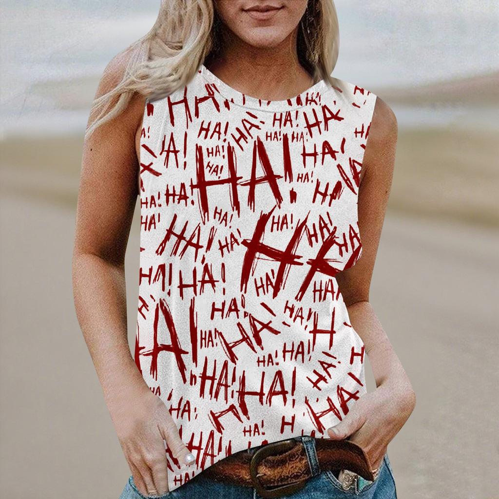 Women's Round Neck Casual Sleeveless Halloween Printed Vest T-Shirt Top
