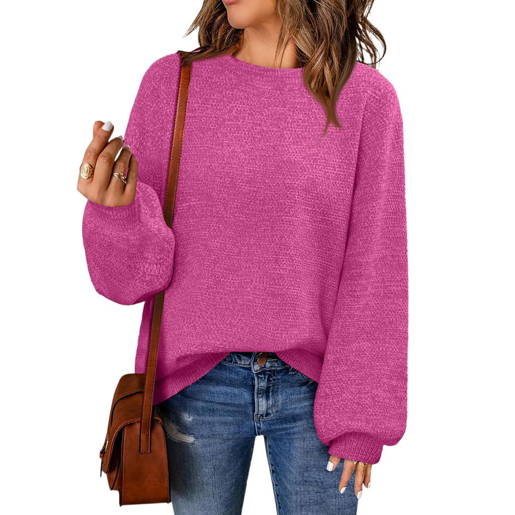 Women's Fashion Round Neck Pullover Sweater Casual Versatile Solid Color Knit Top
