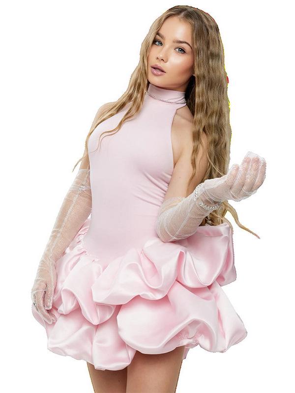 European & American 2026 Summer Satin Halter Neck Skater Dress - Sleeveless, Fluffy, Short & Sexy