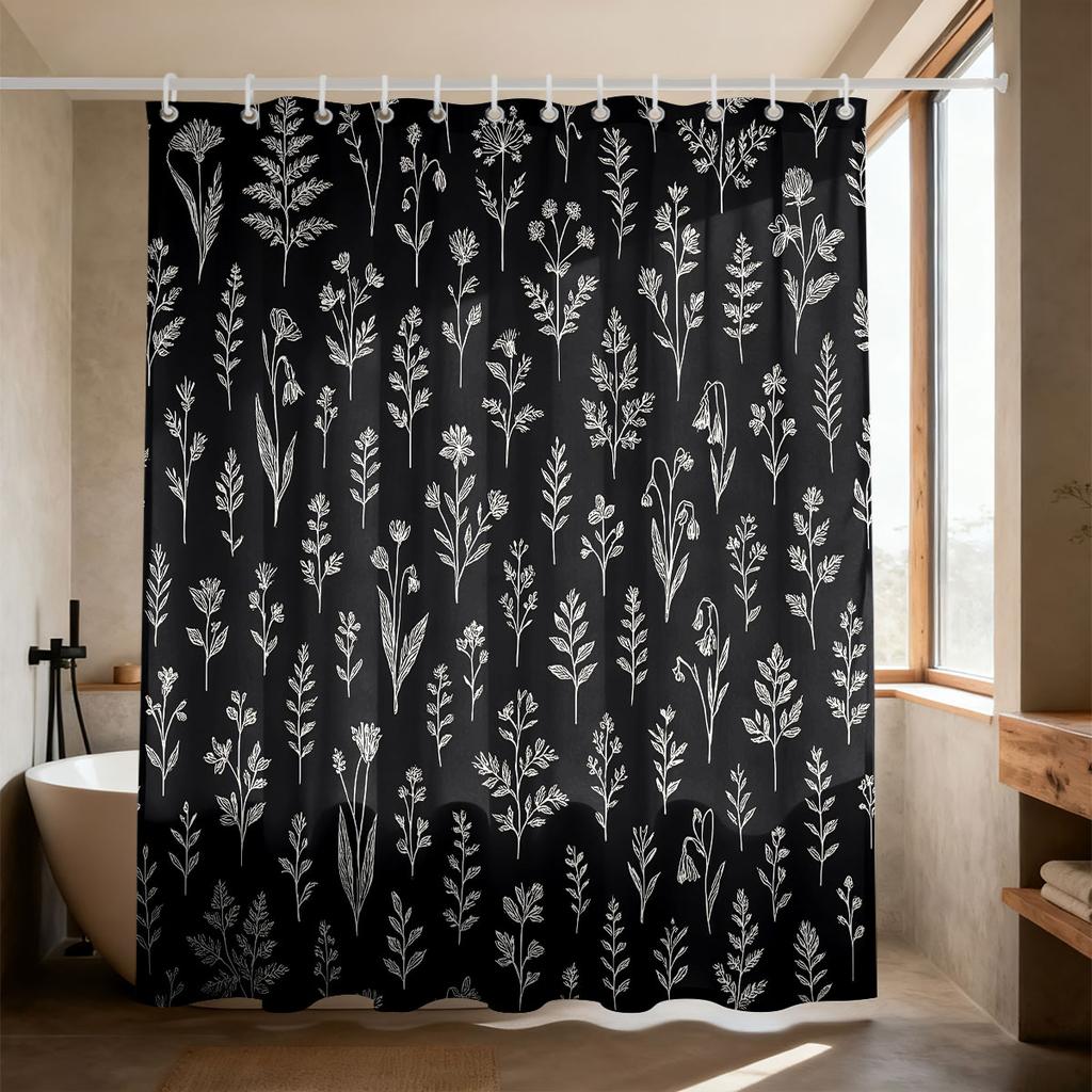 1PC Simple Black and White Hand-drawn Plant Flower Shower Curtain Waterproof Bathroom Partition Privacy Hanging Curtain