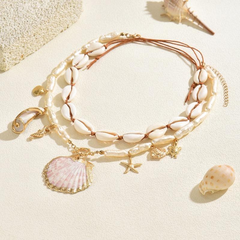 Bohemian shell necklace niche irregular resort style layered starfish imitation pearl collarbone chain