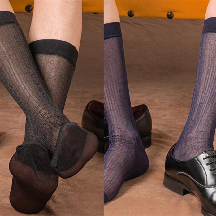 Mens Thin Sheer Silk Formal Dress Suit Socks Casual Business Socks Nylon Breathable Glossy Striped Long Calf Socks