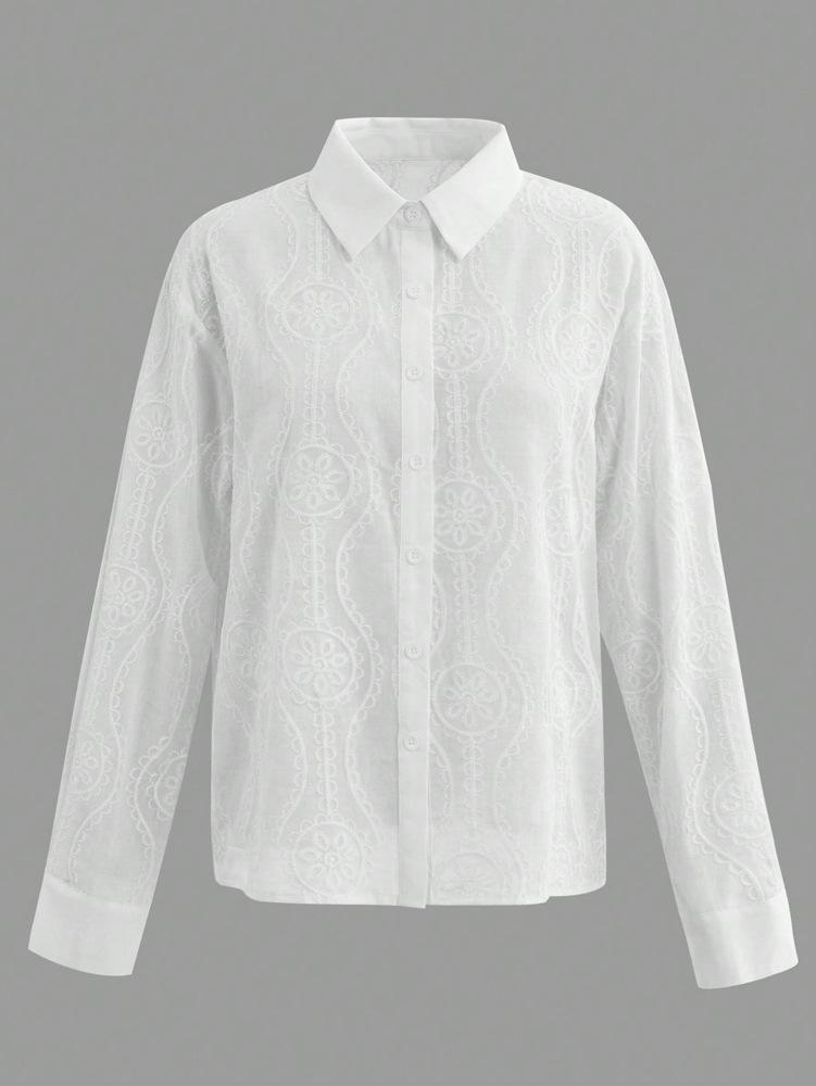 2026 Spring/Summer Women's Elegant Hollow Embroidery Long Sleeve Shirt with Lapel