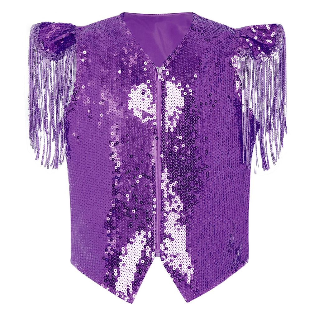 Boys Sequined Patchwork Vest Tassels Cap Sleeves V Neckline Stage Performance Waistcoat