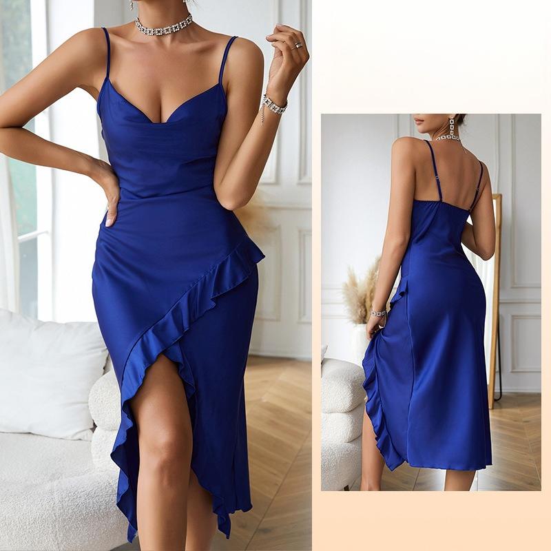 Women's Solid Color High Slit Nightgown Ruffle Trim Sexy Sleeveless Camisole Loungewear 635 Chic Versatile Sleepwear That Can Be Worn as a Mini Dress