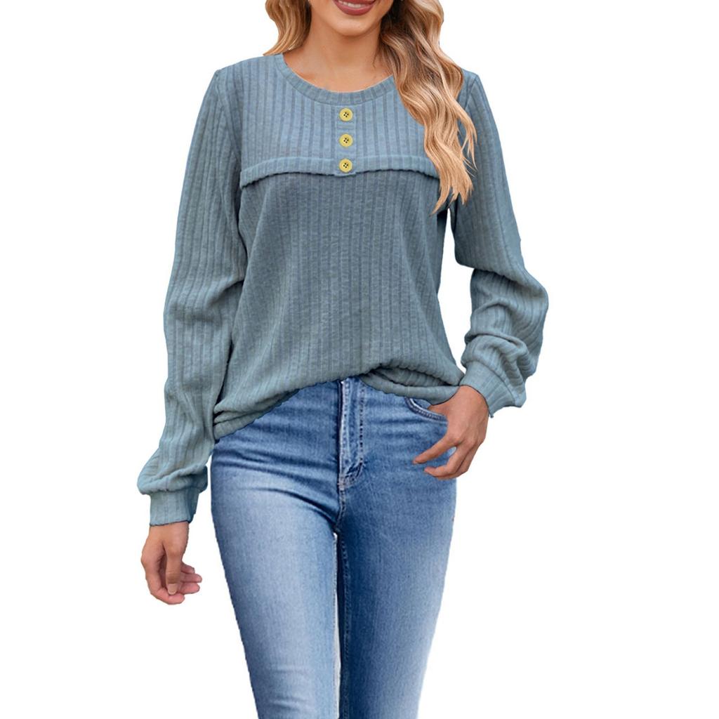 Damenmode Locker Rundhals Knopf Langarm T-Shirt Lässiges Strickoberteil