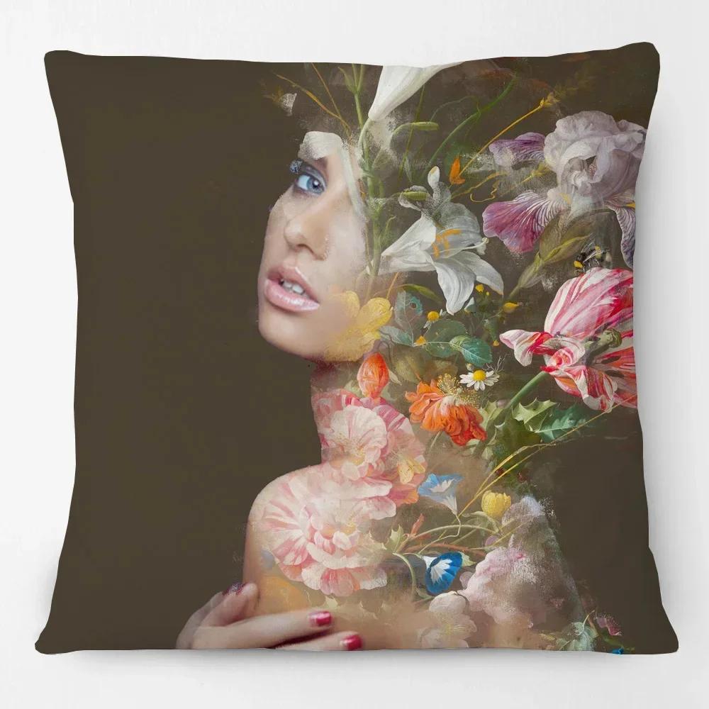 European Nordic Retro Style Cushion Cover Lady Woman Rose Dreams Hug of Flower Bird Princess Mary Print Pillow Case
