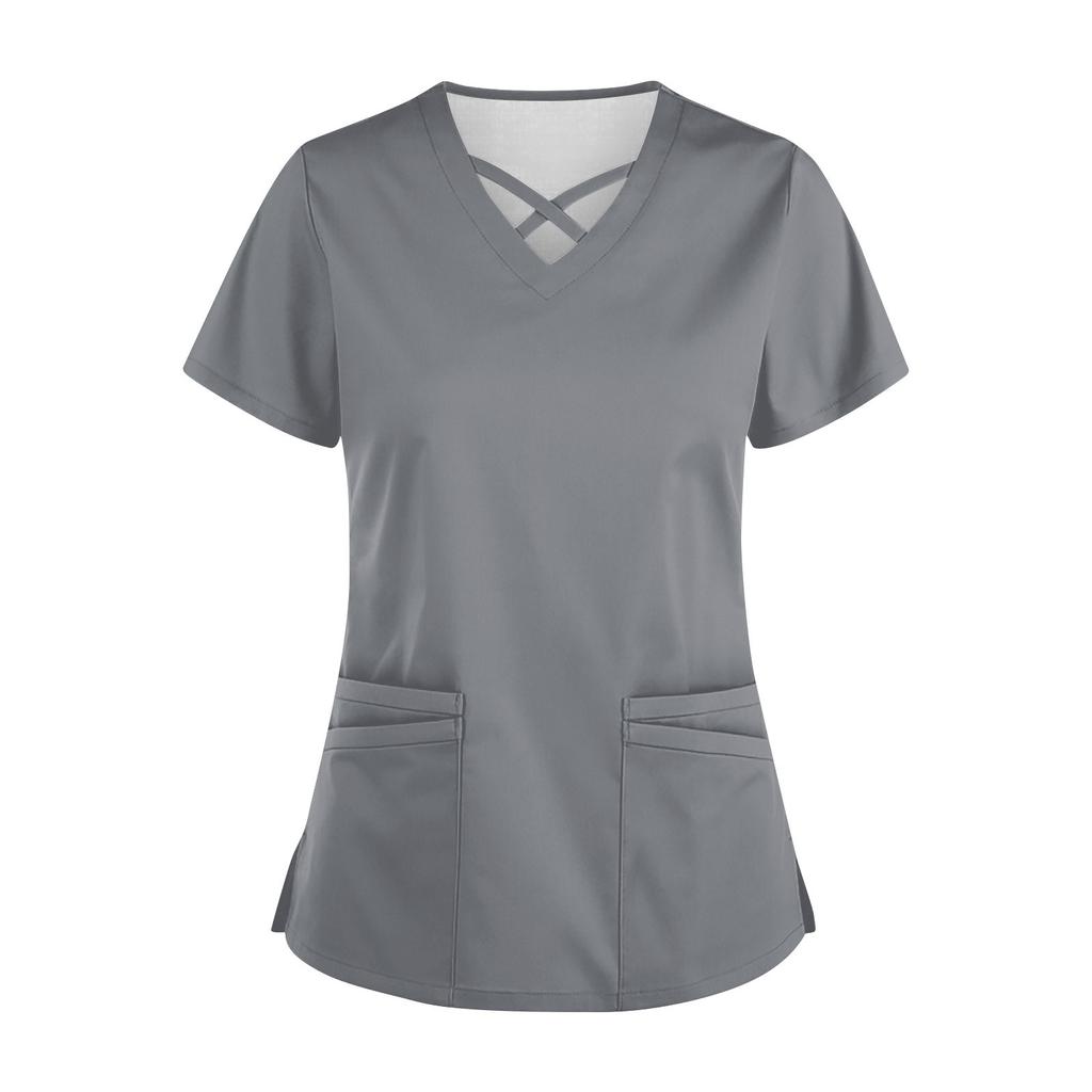 Women’s Short Sleeve V Neck Scrub Top with Cross Neckline and Two Front Pockets for Uniforms