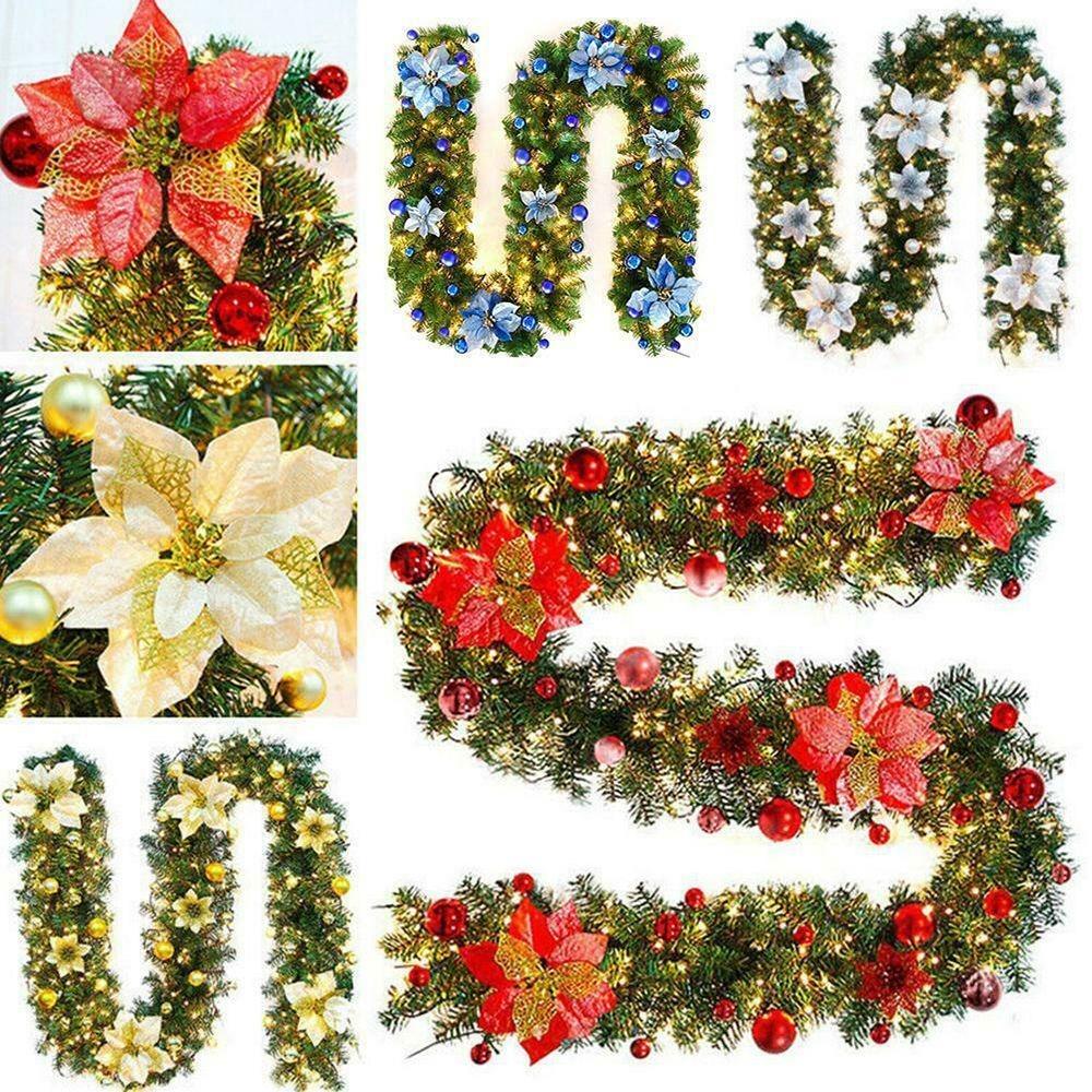 2.7M Christmas Garland Door Hanging Xmas Balls Christmas Wreath Artificial Flower with LED Lights Xmas Decorations Rattan