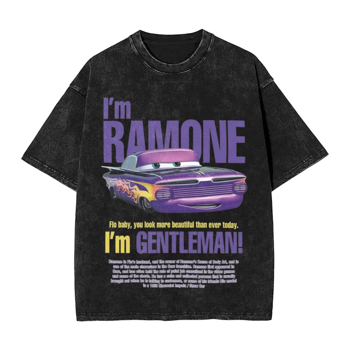 Cars Ramoned Washed T Shirts Streetwear Hip Hop Vintage T-Sh M