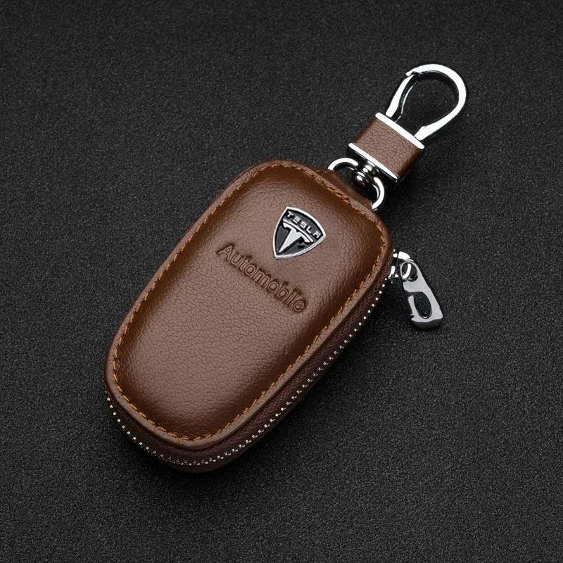 

Car Sticker Tesla Leather Car Key Rings Case Purse Storage Bag for Tesla Model 3 ModelY ModelS ModelX Roadster Auto Emblem Exter коричневий