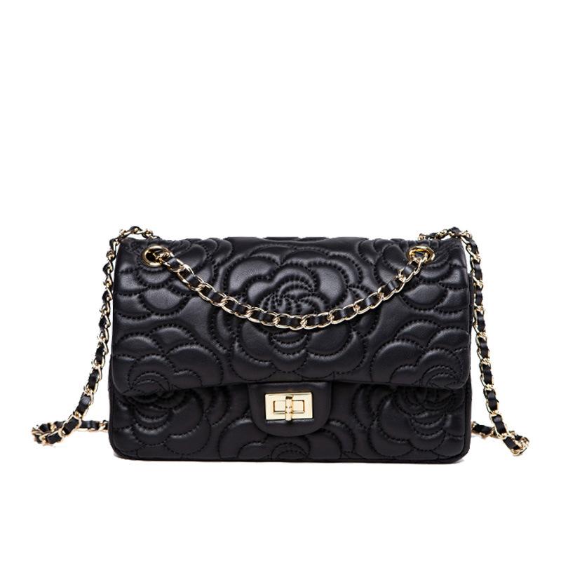 New leather small square bag camellia pattern first layer sheepskin texture chain crossbody women's bag