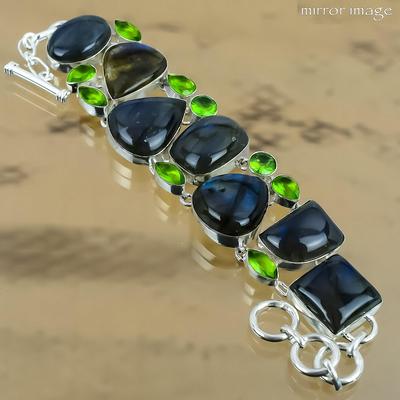 Pierre Gemme Labradorite Péridot Femme Bracelet Chaîne Unique Bijoux Argent Sterling